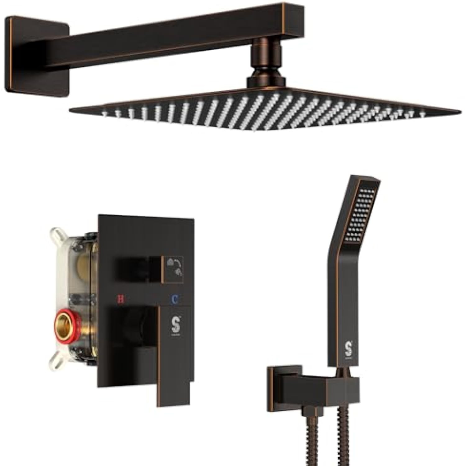SR SUN RISE Oil Rubbed Bronze Shower System 12 Inches Brass Bathroom Luxury Rain Mixer Shower Combo Set Wall Mounted Rainfall Shower Head System Shower Faucet Rough-in Valve Body and Trim Included