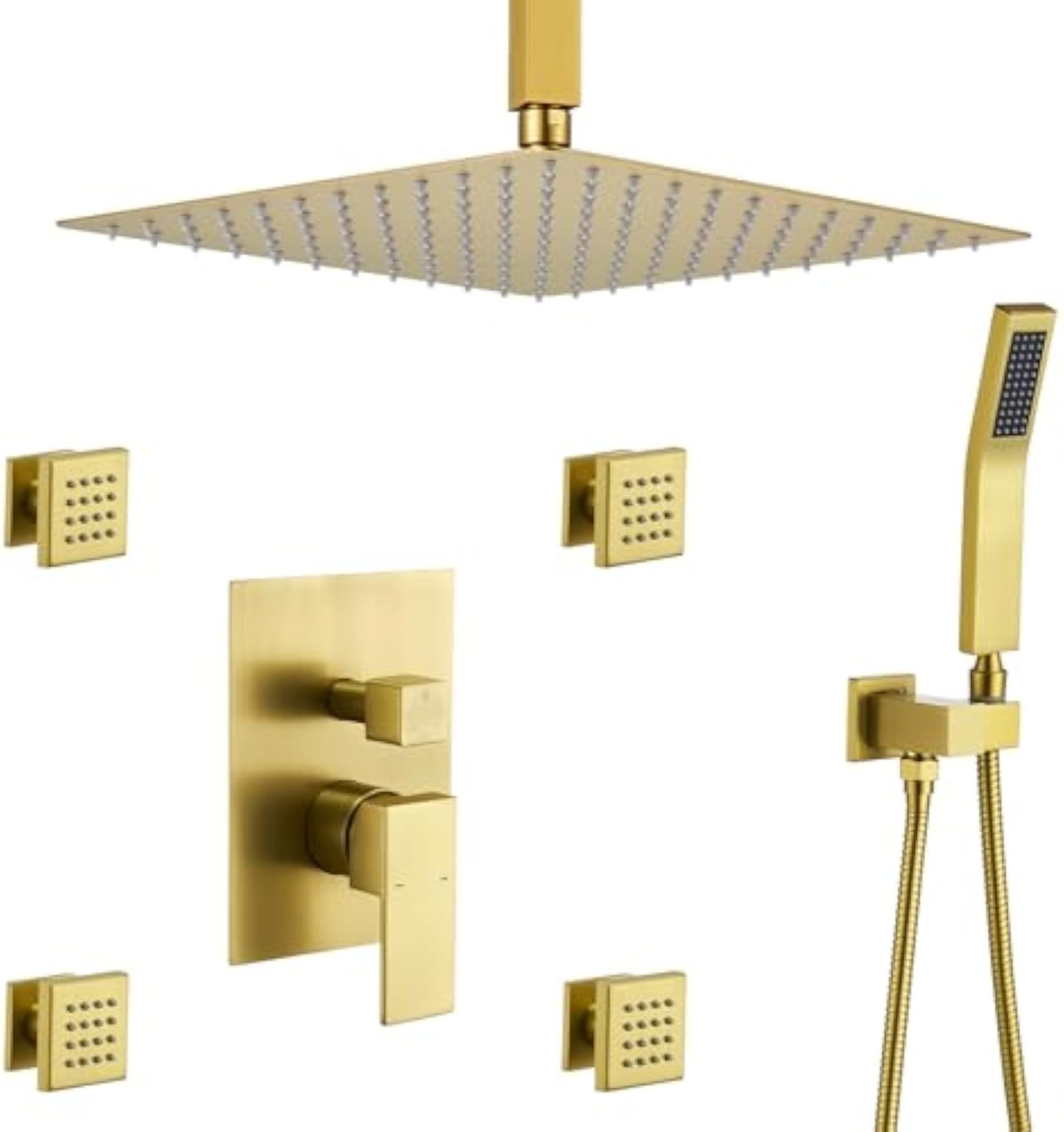 Rain Shower System With Complete 4 Pcs Body Sprays Jets And Pressured Balance Rough-in Valve,12Inch Rainfall Shower Head And Handheld, Modern Brushed Gold Ceiling Mount Shower Faucet Sets