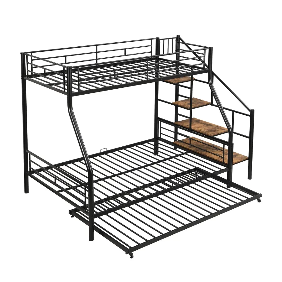 Twin over Full Size Metal Bunk Bed with Trundle and Storage Staircase,Versatile Bed Kids bed w/ full-length guardrail,Black