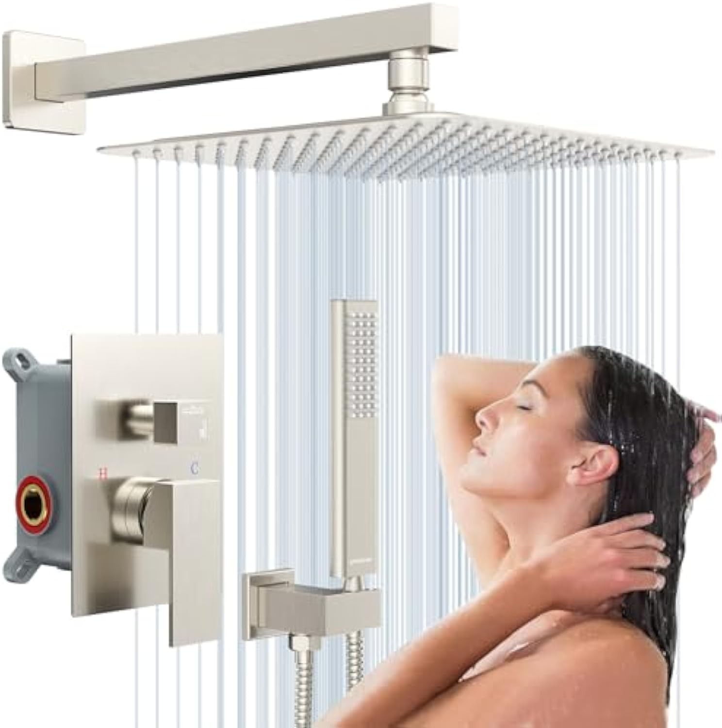 EMBATHER Shower System 12" Shower Faucet Set for Bathroom Luxury Rain Mixer Combo Set Wall Mounted Rainfall Square Shower Head, Easy Installation, Contain Rough-in Valve & Trim, Brushed Nickel
