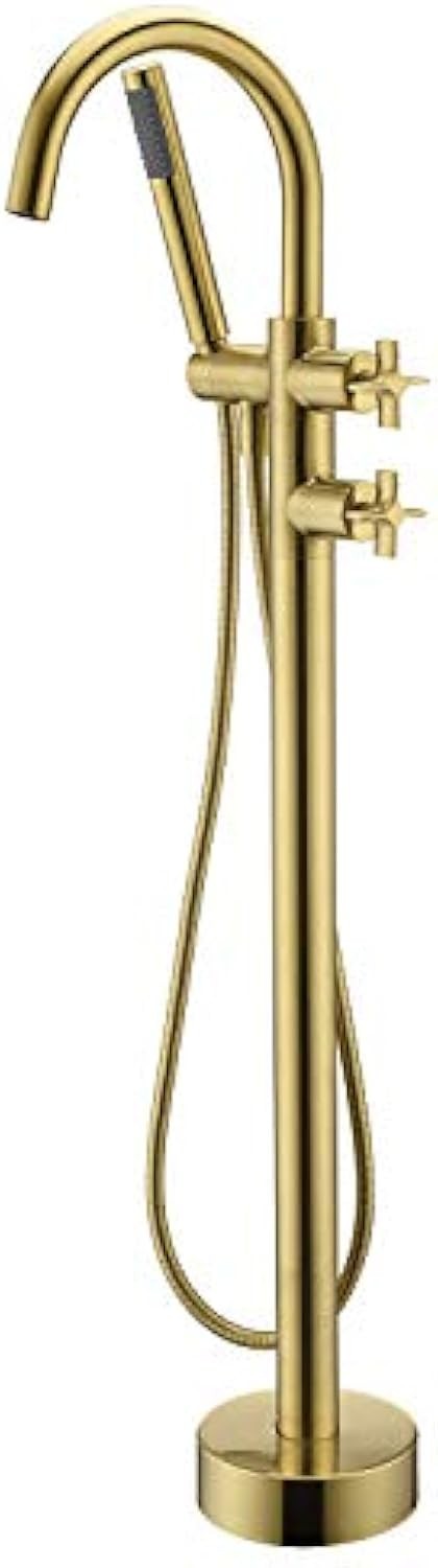 Freestanding Tub Filler Bathtub Faucet Brushed Gold Floor Mount Brass Bathroom Faucets with Hand Shower