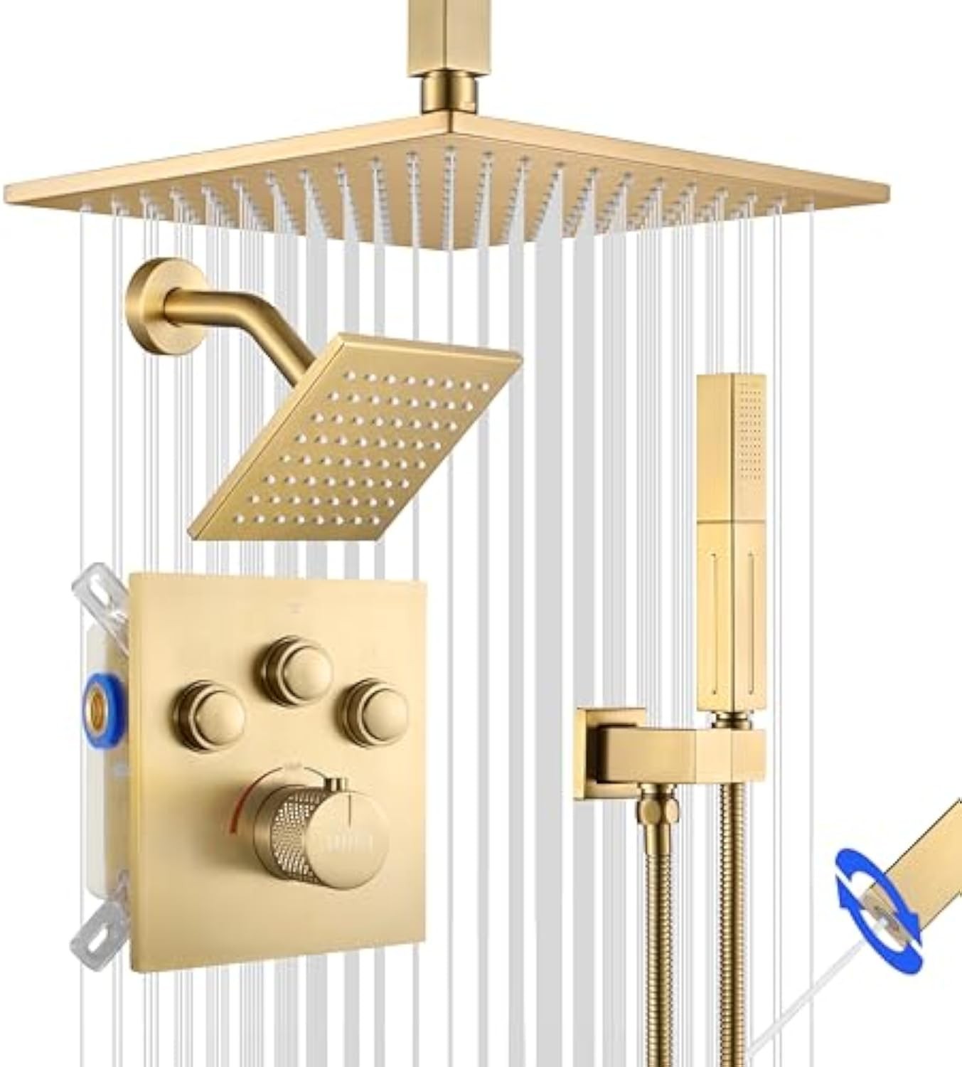 Thermostatic Shower System Brushed Gold, Push Button Diverter Shower Faucet with 2 in 1 Handheld, Ceiling Mount 12 Inch Shower Head with 6 Inch Wall Mount Shower Head