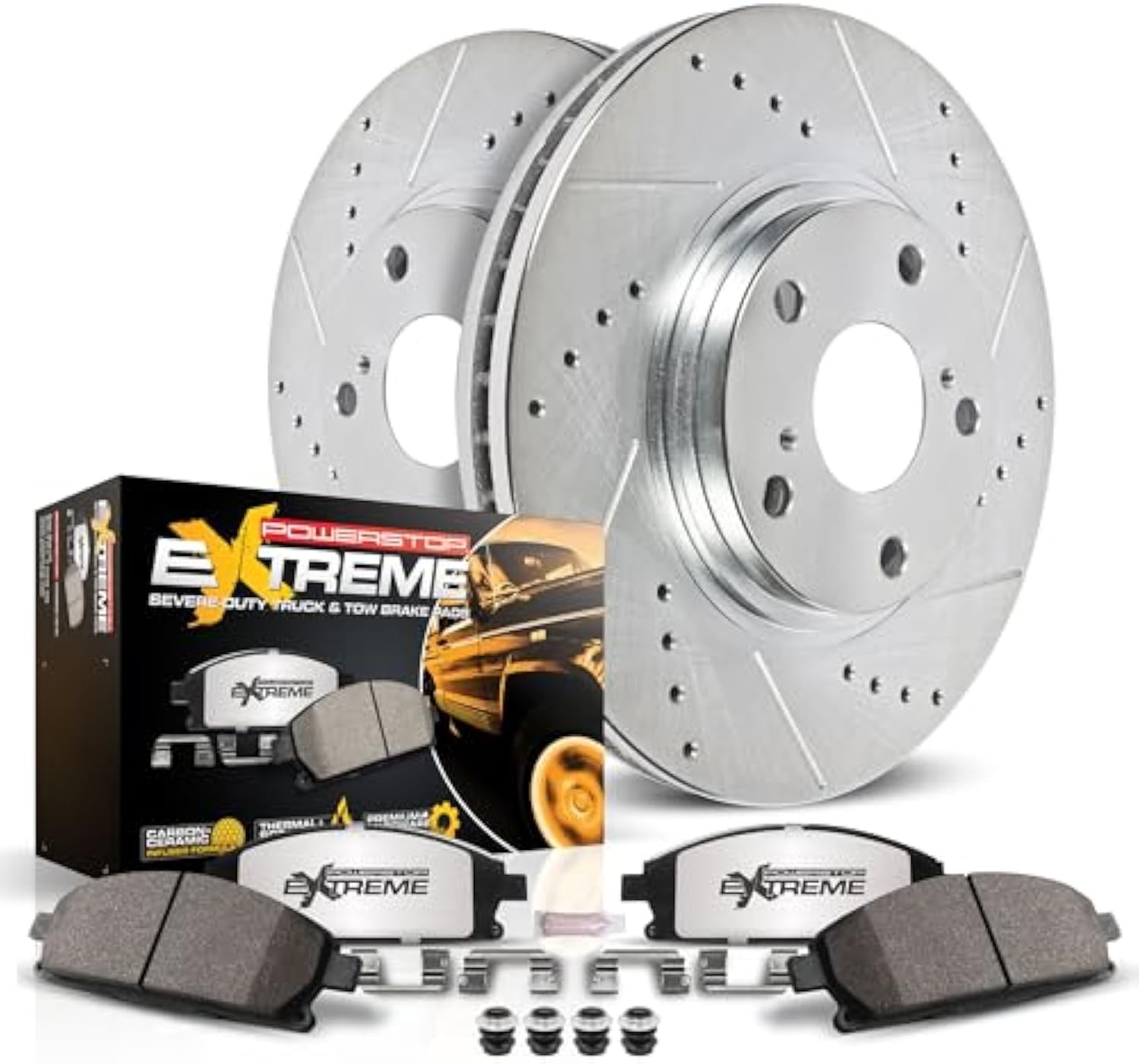 Power Stop Front Brake Kit For 2000 2001 Dodge Ram 1500 - Truck & Tow Carbon Fiber Ceramic Brake Pads & Drilled and Slotted Rotors Replacement, K5143-36