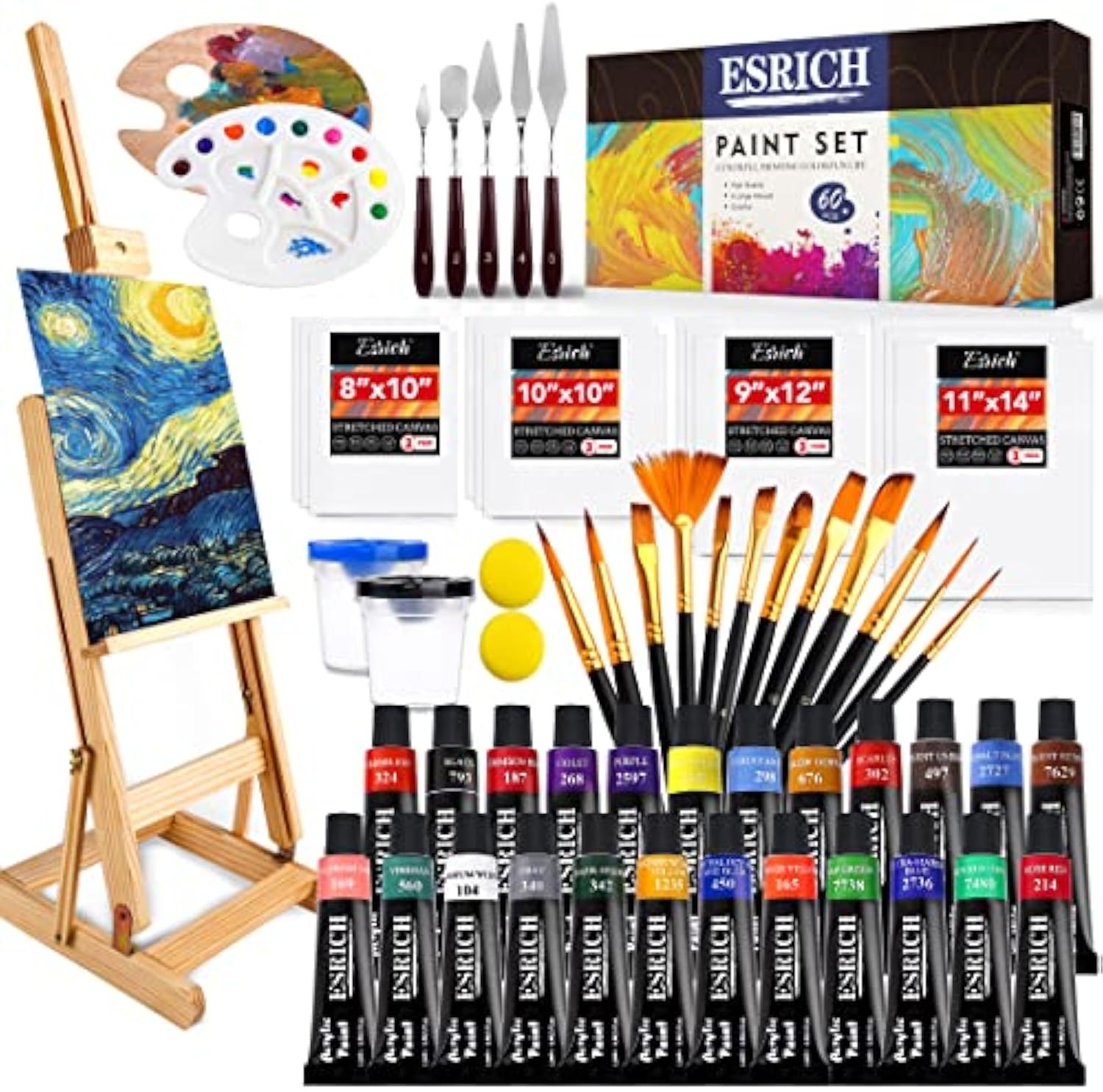 ESRICH Professional Acrylic Paint Set, 60PCS with Painting Brushes,Acrylic Paints,Easel,4 Sizes Blank Canvases,Palette, Paint Knives,Brush Cup and Art Sponges for Adults Hobbyists and Beginners