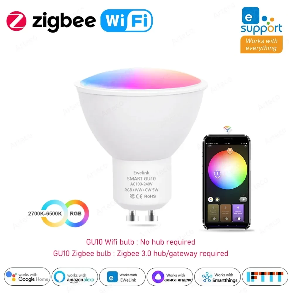 Ewelink new GU10 Zigbee LED Bulbs WiFi Smart LED Lamp RGB CW WW Ewelink App Control Led Light Bulb Works 2025 With Alexa Google Yandex